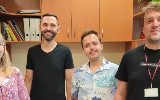 Representatives of the Group members involved in the bioinformatics project (from left): project supervisor dr inż. Agnieszka Pietrzyk-Brzezińska, dr hab. inż. Bartosz Sekuła, inż. Jakub Filipek, mgr inż. Maciej Nielipiński